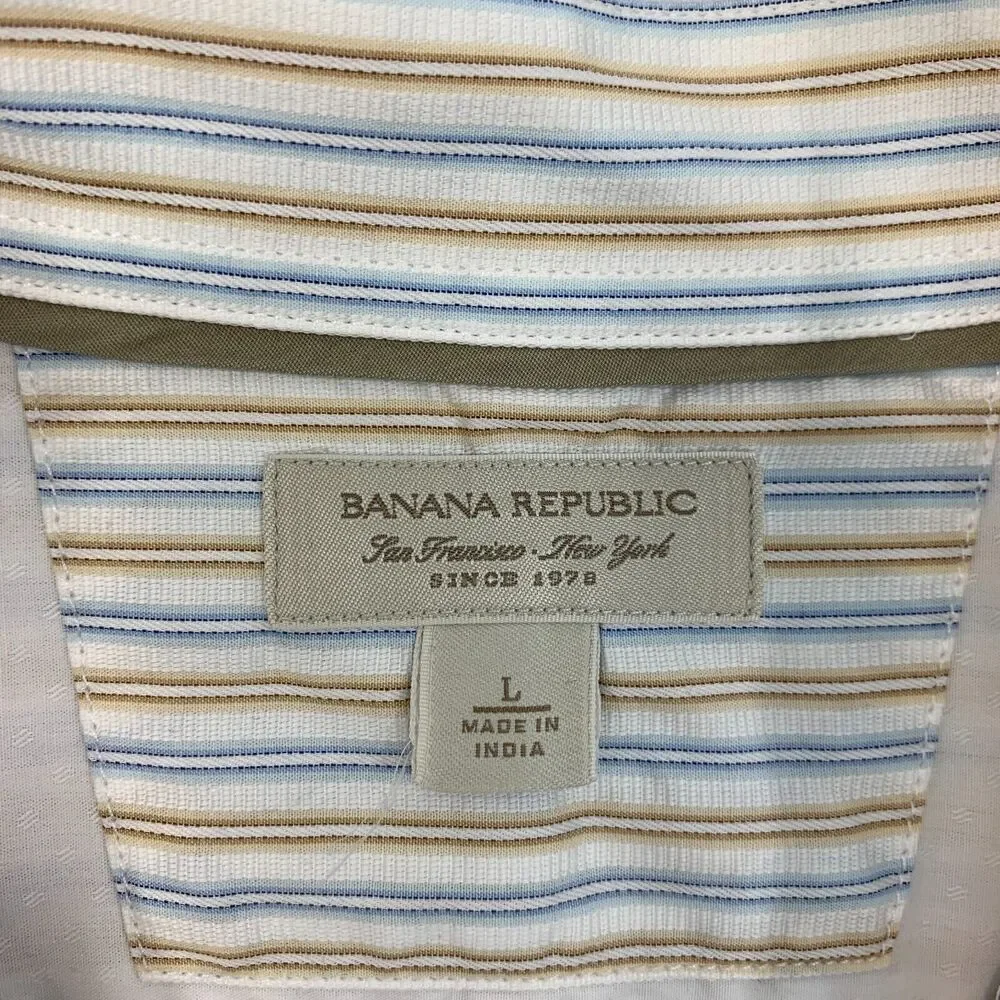 Banana Republic Dress Shirt Men L Large White Blue Striped Button Up Long Sleeve